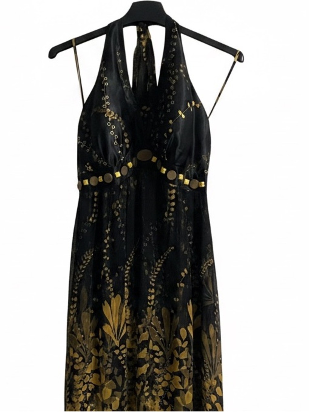 Signature by Robbie Bee black and gold floral silk halter maxi dress. - Picture 3 of 4